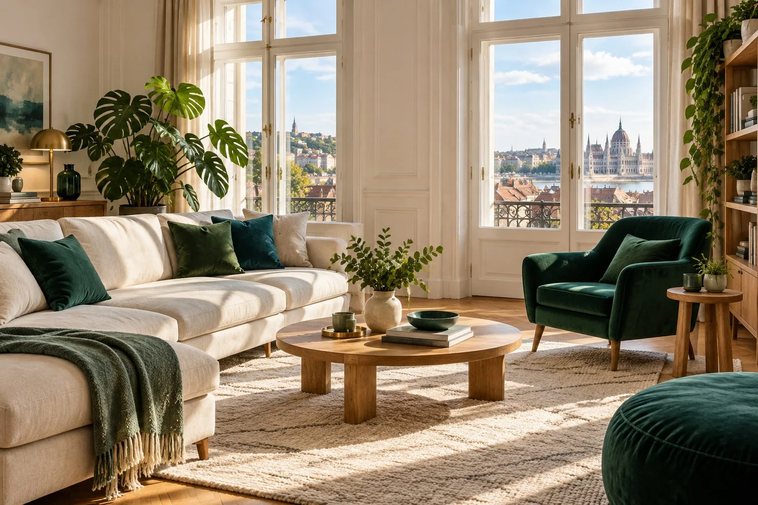 Napfényes budapesti otthon zöld fotellel és világos kanapéval